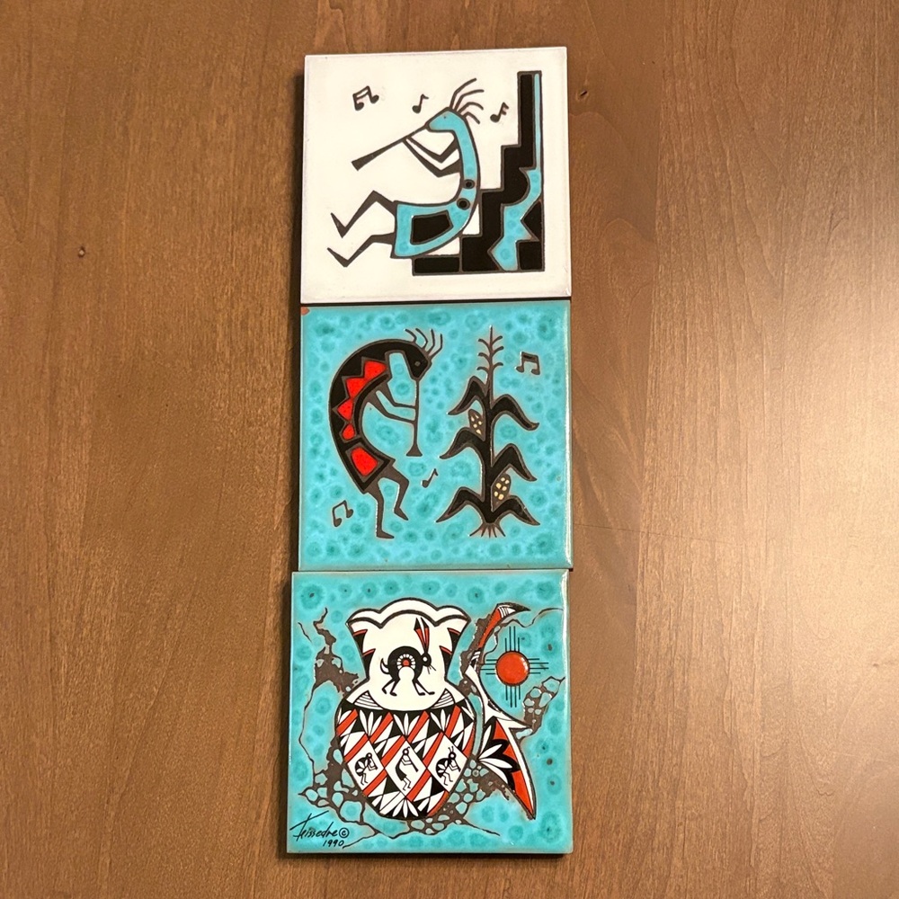 EUC Set of Three Ceramic Art Tiles/Coasters w/Coaster Holder Southwest Designs